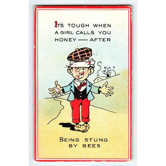 Vintage 1915 Comic Postcard 'Honey & Bees' Divided Back Being Stung By Bees - Picture 1 of 2